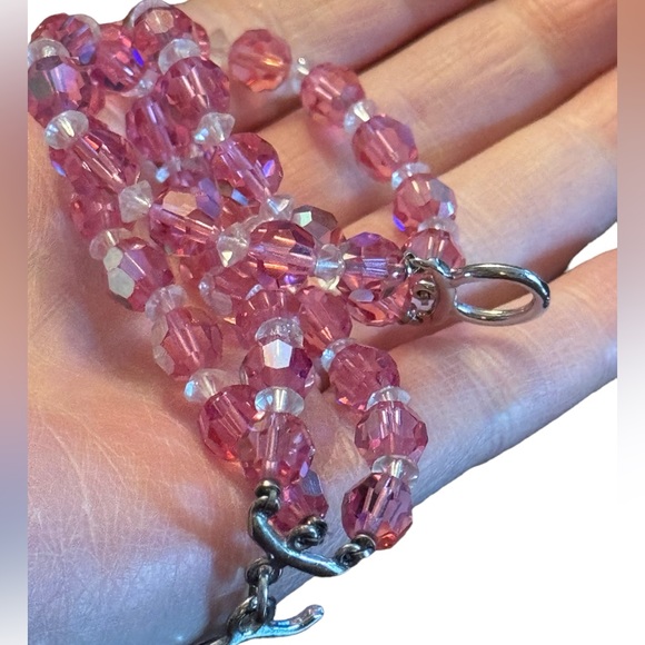 Vintage pastel pink AB crystal multi strand fancy silver finish toggle bracelet - Picture 2 of 4